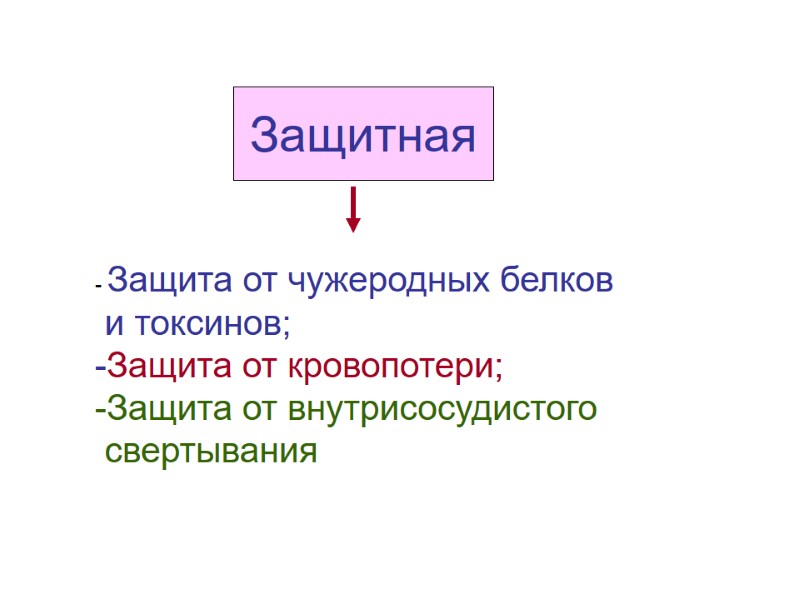 Защитная - Защита от чужеродных белков  и токсинов; -Защита от кровопотери; Защита от